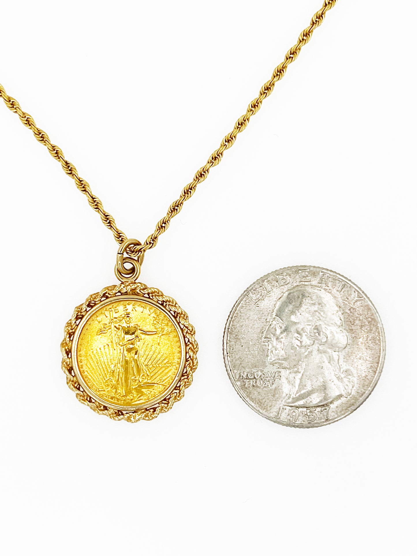 1987 22k 1/10 Oz Coin Pendant in 14k Gold Rope Bezel