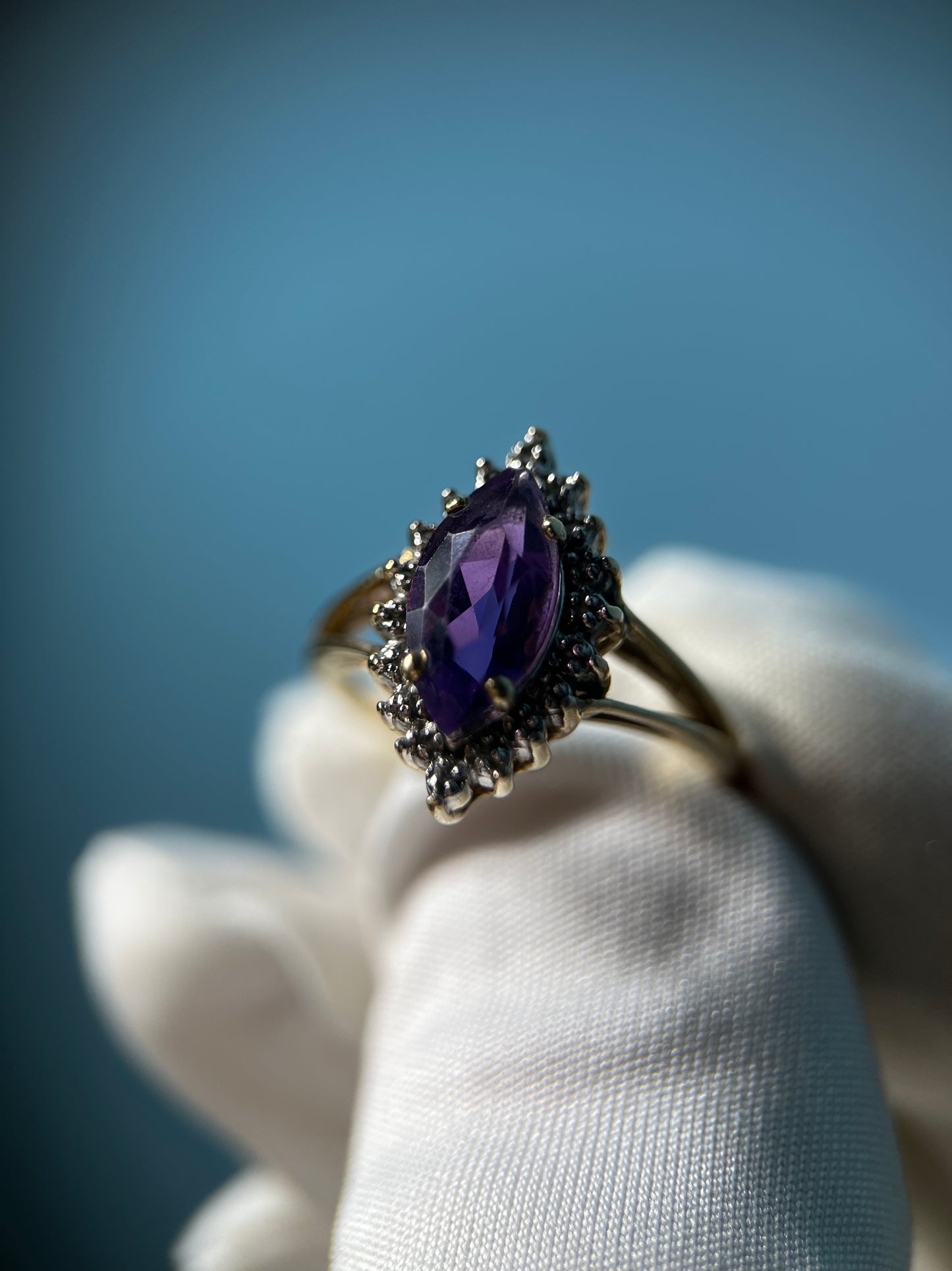 Royal Marquise Amethyst Diamond Chip Halo Ring In 10k Yellow Gold