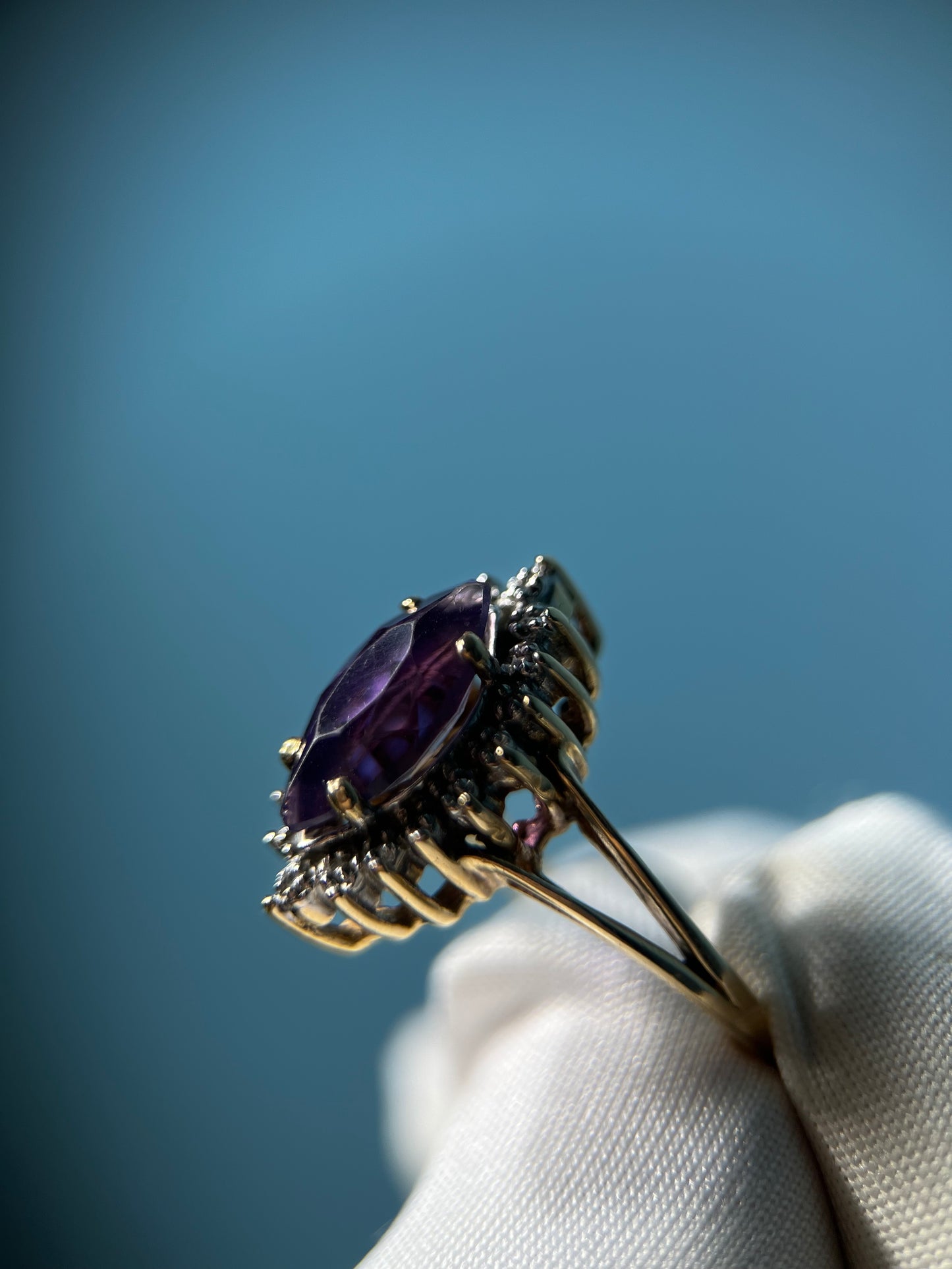 Royal Marquise Amethyst Diamond Chip Halo Ring In 10k Yellow Gold