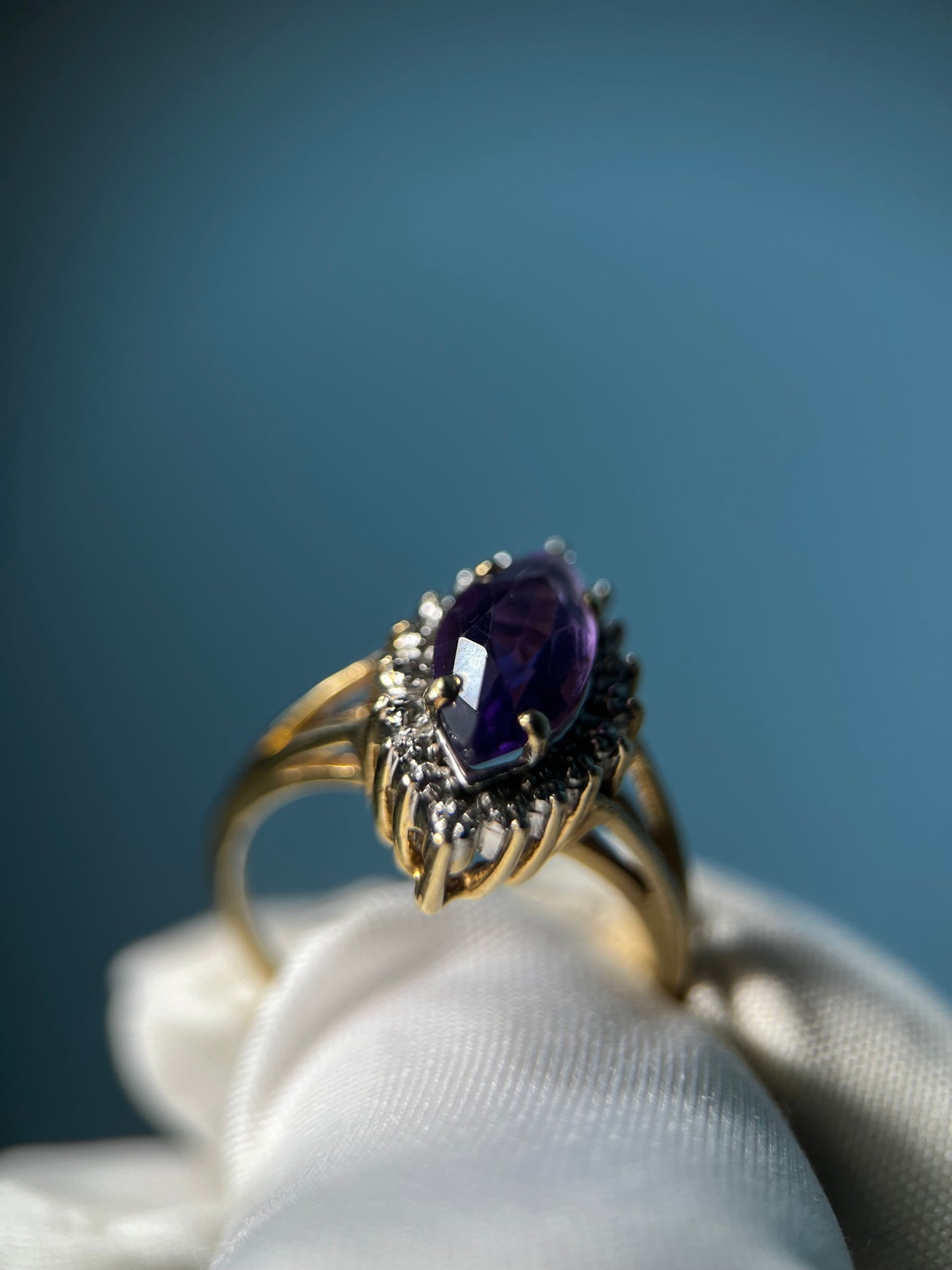 Royal Marquise Amethyst Diamond Chip Halo Ring In 10k Yellow Gold