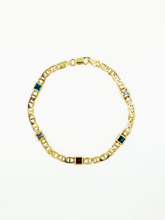Multi Color Gemstone Mariner Link Bracelet in 14k Yellow Gold
