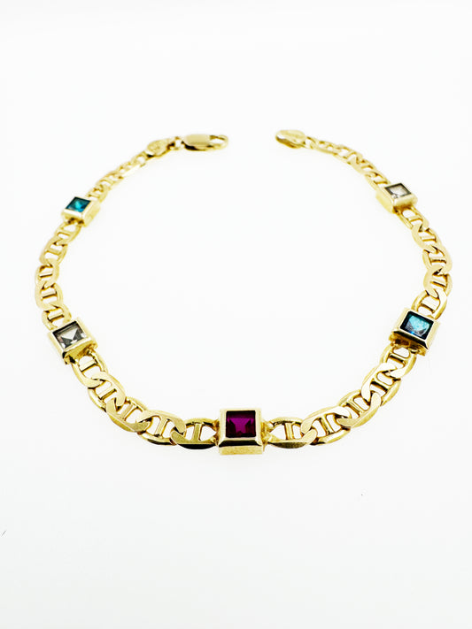 Multi Color Gemstone Mariner Link Bracelet in 14k Yellow Gold