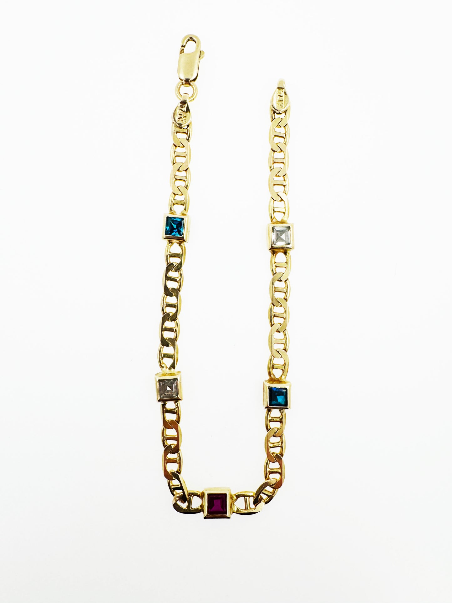 Multi Color Gemstone Mariner Link Bracelet in 14k Yellow Gold