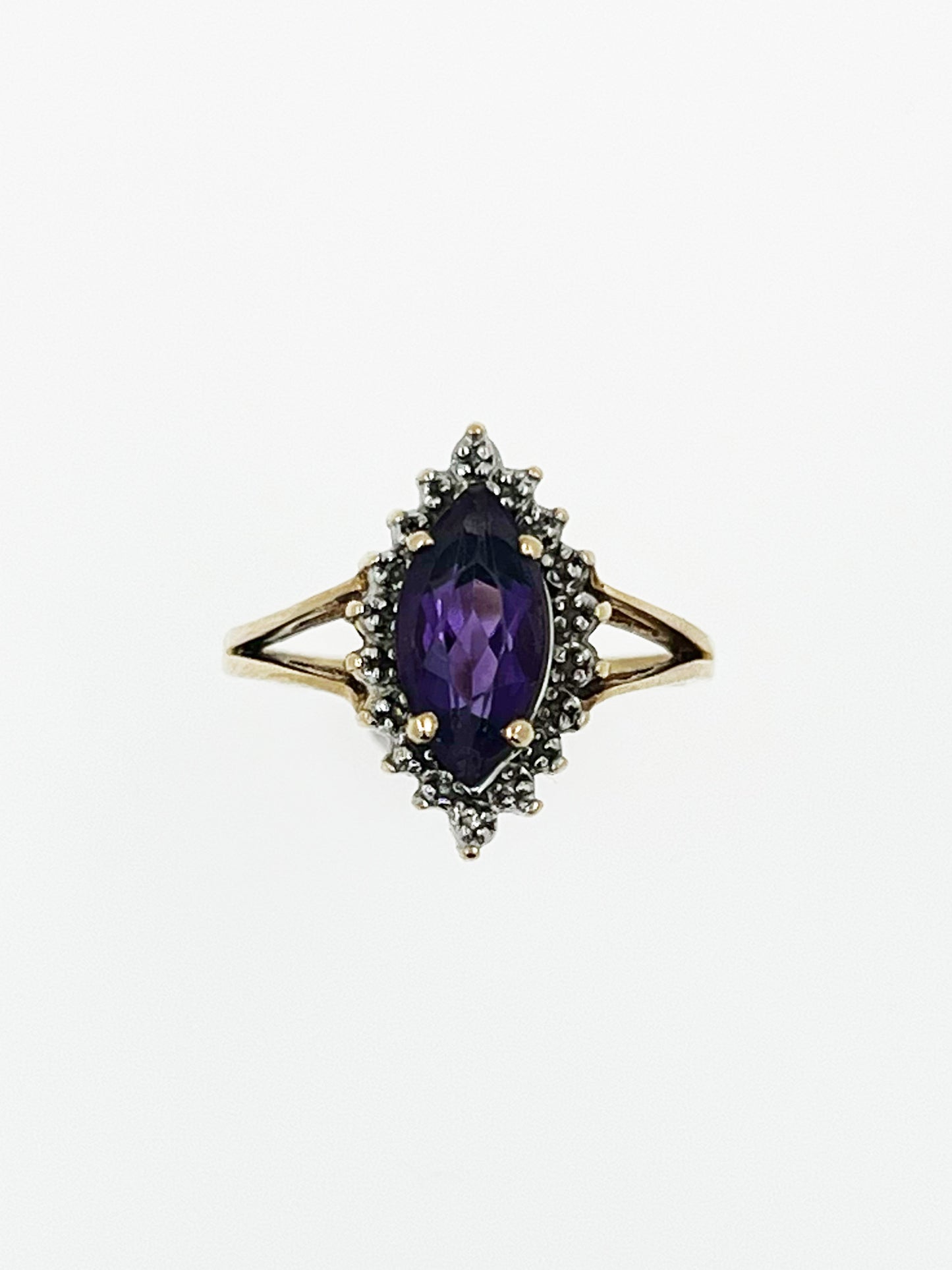 Royal Marquise Amethyst Diamond Chip Halo Ring In 10k Yellow Gold