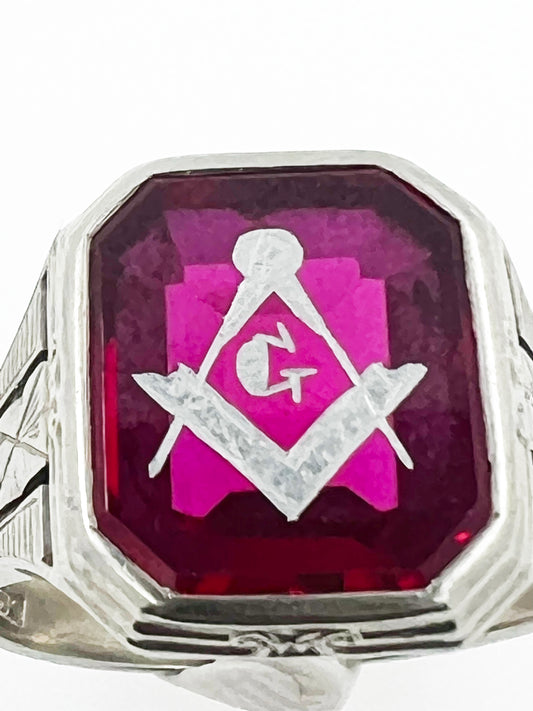 Vintage Carved Ruby Masonic Ring in 10k White Gold