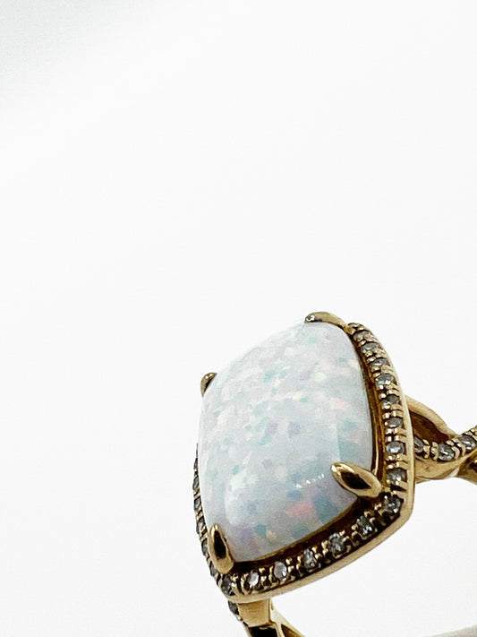 Rectangular Cabochon Opal and Diamond Ring in 10k Yellow Gold