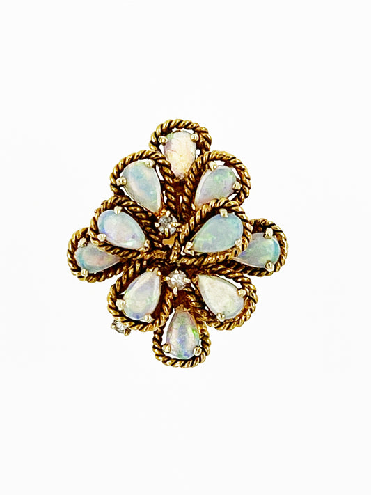 1.6 Carat Australian Opal & Diamond Pear Shaped Flower Cluster Ring 14k Yellow Gold