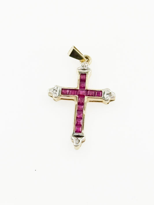 Channel Set Ruby & Diamond Cross Pendant in 14k Yellow gold
