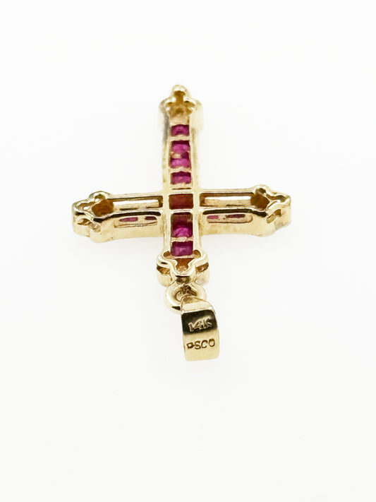 Channel Set Ruby & Diamond Cross Pendant in 14k Yellow gold