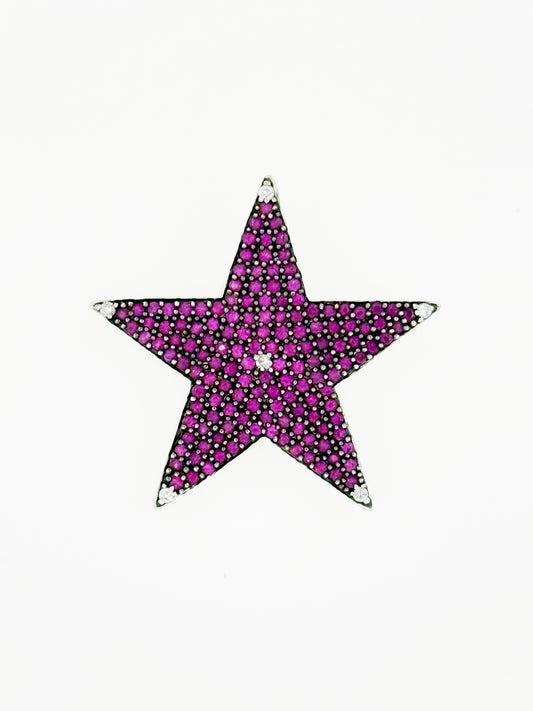 Modern Natural Ruby & Diamond Pendant Broach in 14k White Gold