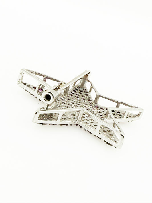 Modern Natural Ruby & Diamond Pendant Broach in 14k White Gold