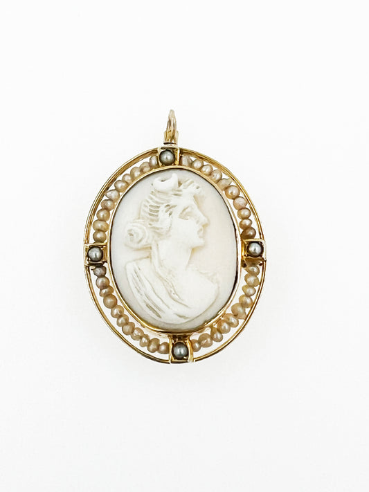 Edwardian Era White Coral & Seed Pearl Cameo in 10k Yellow Gold