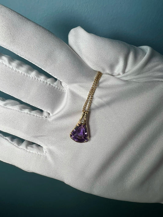 Amethyst And Diamond Pendant With Chain in 14k Gold