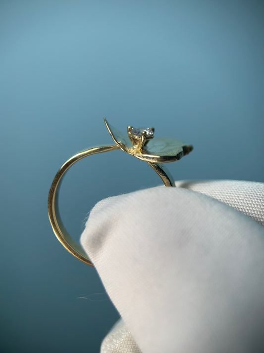 Diamond Droplet on Leaf Ring in 14k Yellow Gold By Maxwell The Jeweler