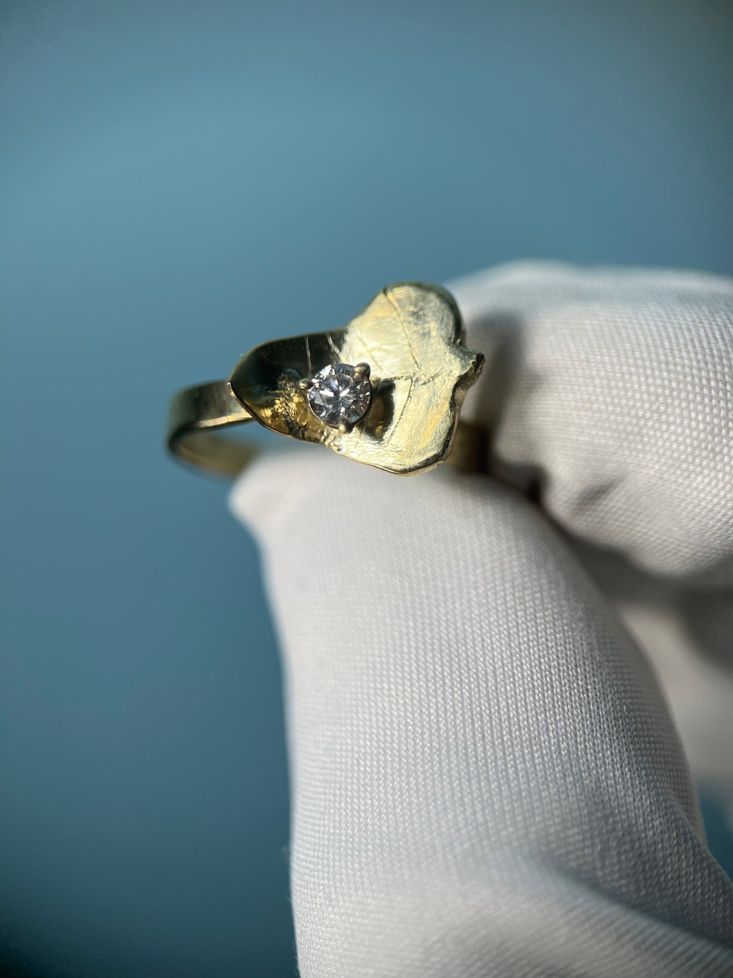 Diamond Droplet on Leaf Ring in 14k Yellow Gold By Maxwell The Jeweler