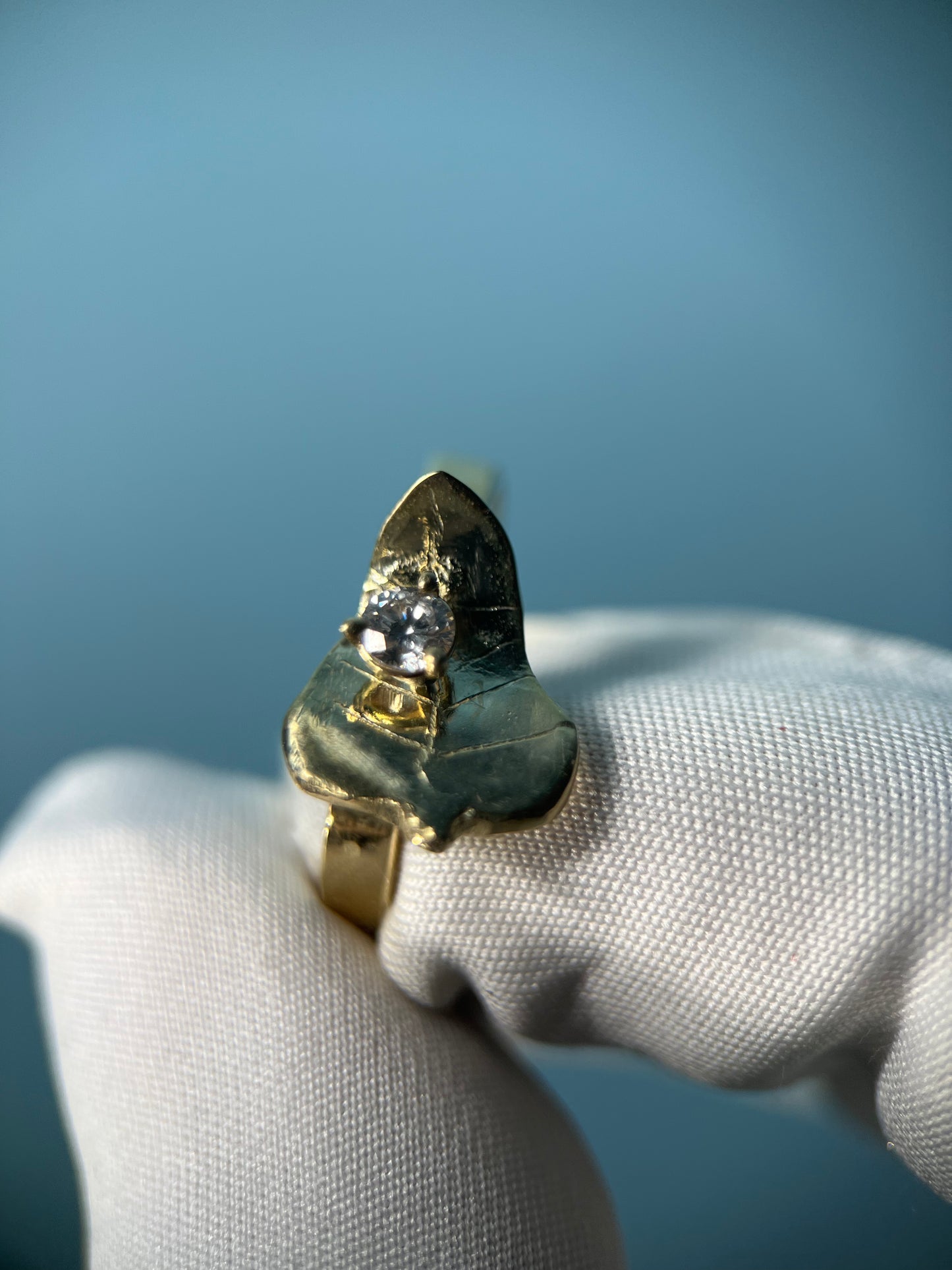 Diamond Droplet on Leaf Ring in 14k Yellow Gold By Maxwell The Jeweler