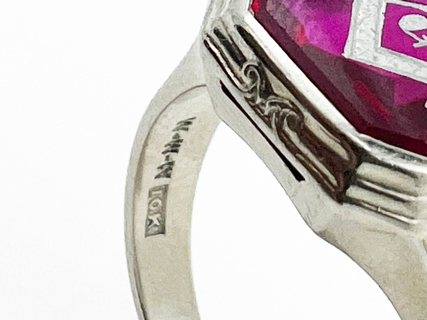 Vintage Carved Ruby Masonic Ring in 10k White Gold