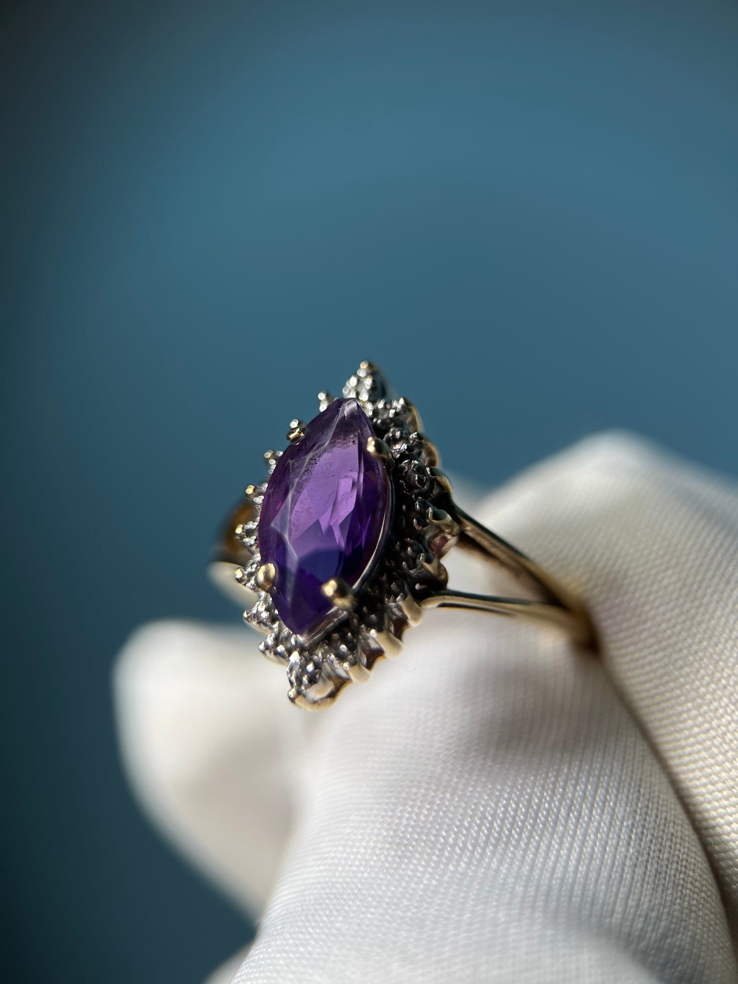 Royal Marquise Amethyst Diamond Chip Halo Ring In 10k Yellow Gold