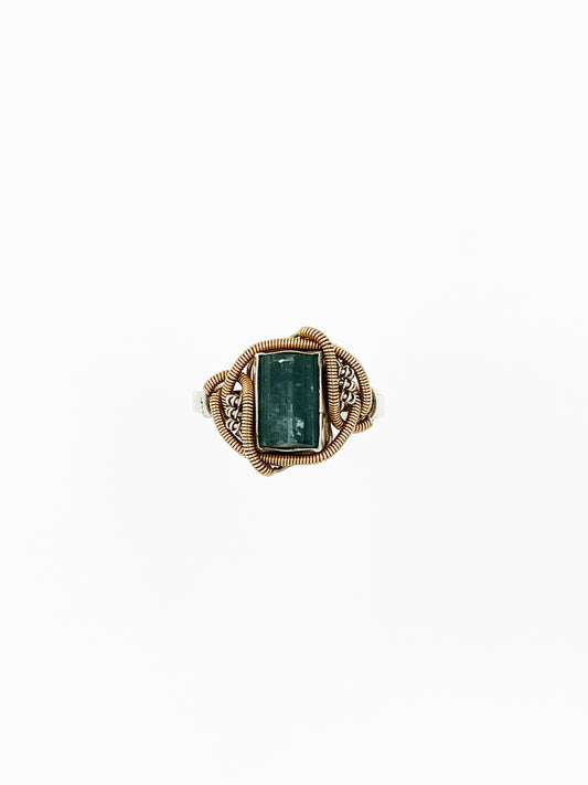 Adjustable Raw Tourmaline Wire Wrapped Ring in 14k Yellow Gold & .925 Silver