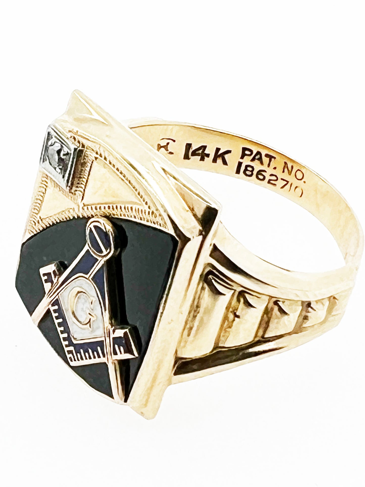 Antique Diamond & Onyx Freemason Ring in 14k Yellow Gold