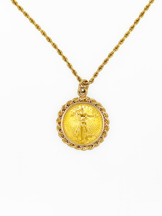 1987 22k 1/10 Oz Coin Pendant With 18k Yellow Gold Rope Chain (18")