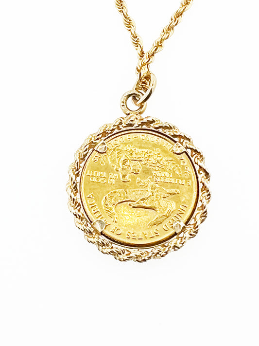 1987 22k 1/10 Oz Coin Pendant in 14k Gold Rope Bezel