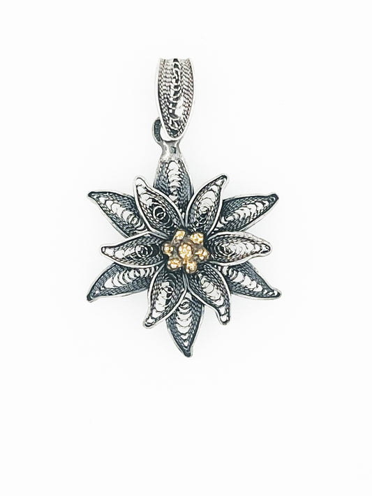Antique Filigree Flower Pendant in .800 Silver & 14k Yellow Gold