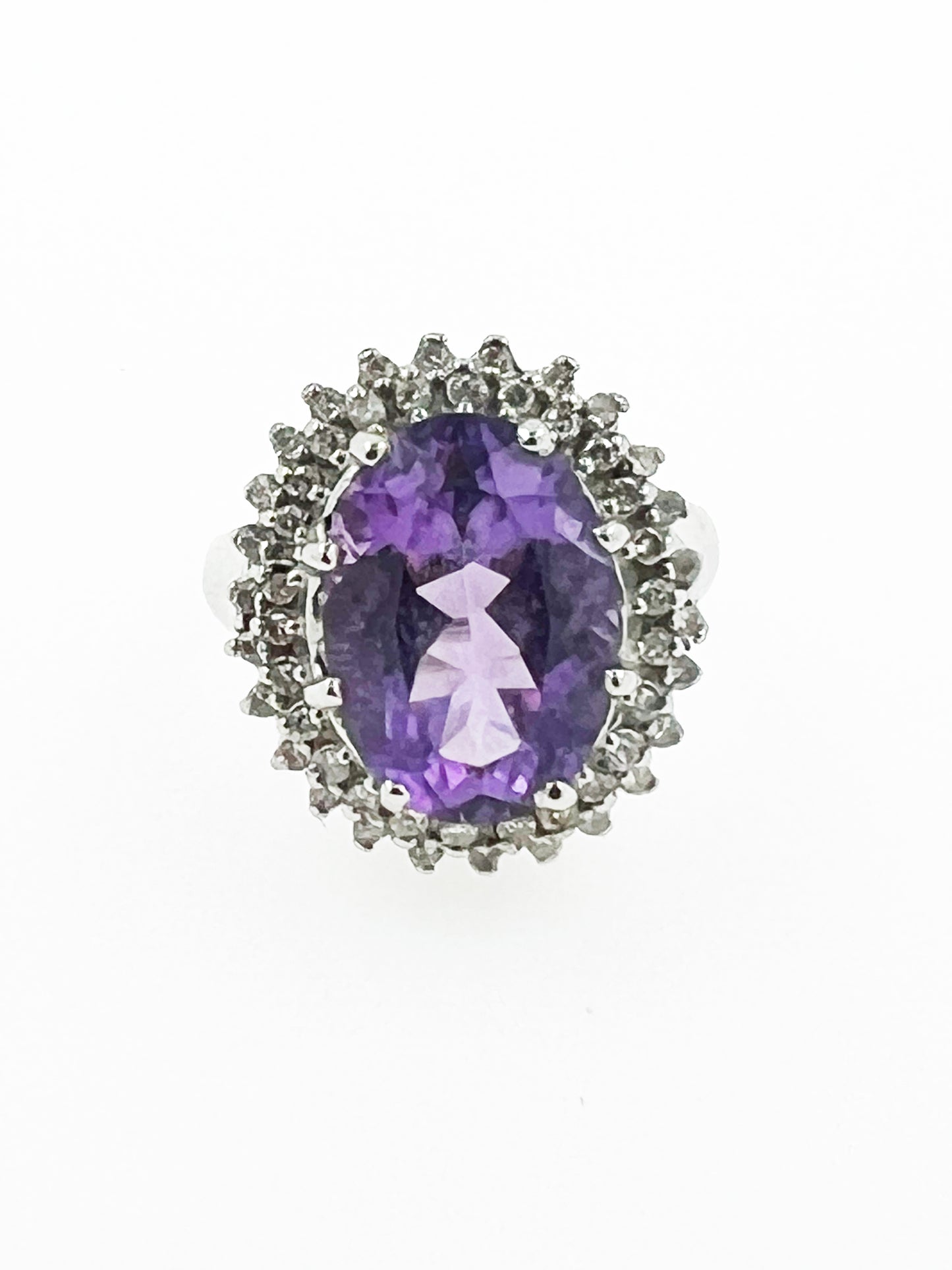 Natural Double Diamond Halo Amethyst Ring in 14k White Gold