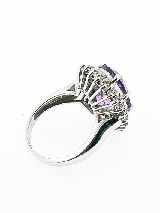 Natural Double Diamond Halo Amethyst Ring in 14k White Gold