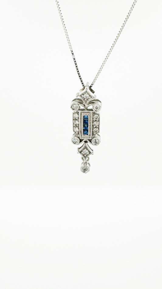 Art Deco Inspired Natural Diamond & Sapphire Pendant in 14k White Gold (Includes 14k Chain)