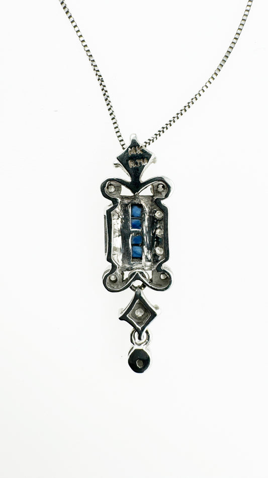 Art Deco Inspired Natural Diamond & Sapphire Pendant in 14k White Gold (Includes 14k Chain)