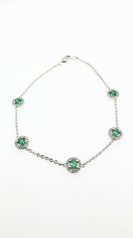 Natural Emerald & Diamond Bracelet in 14k White Gold