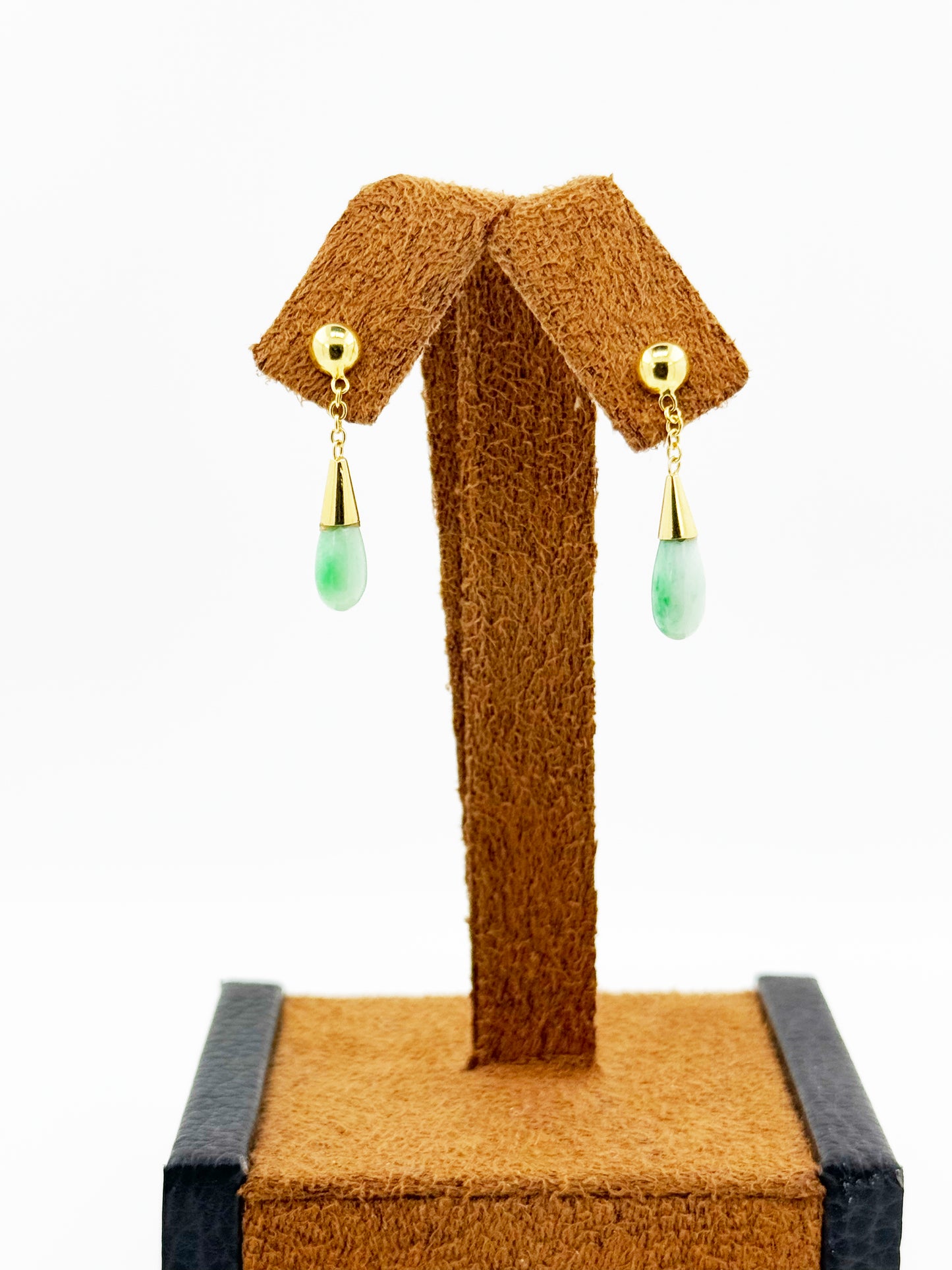 Natural Jade Droplet Earrings in 14k Yellow Gold