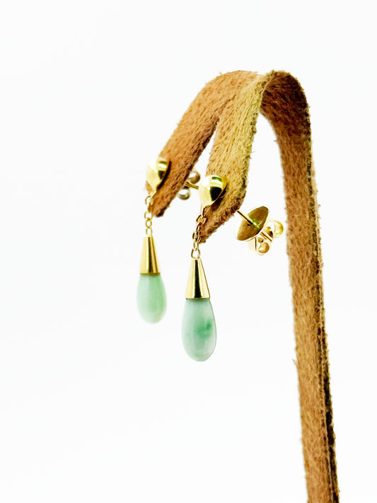 Natural Jade Droplet Earrings in 14k Yellow Gold