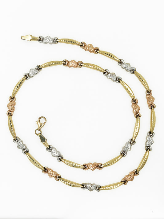 Fancy Heart Link Necklace in Tri-Color 10k Gold