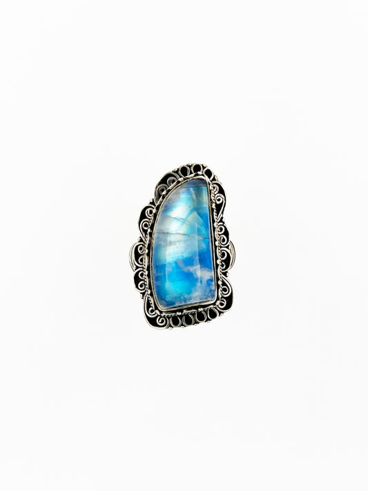 Vivid Blue Oblong Moonstone Cabochon Ring in .925 Silver