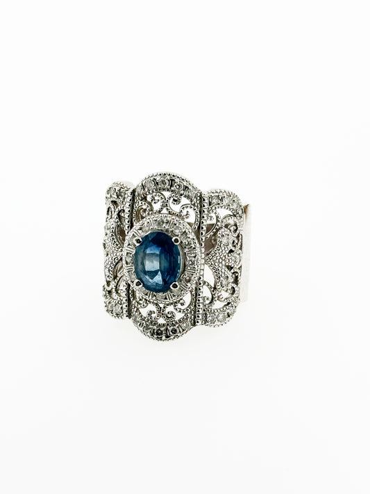 Art Deco Style Natural Sapphire & Diamond Ring in 14k White Gold