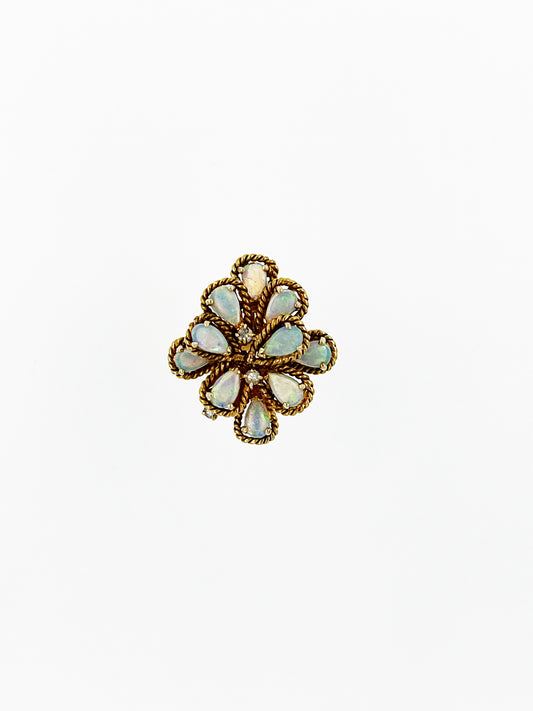 1.6 Carat Australian Opal & Diamond Pear Shaped Flower Cluster Ring 14k Yellow Gold