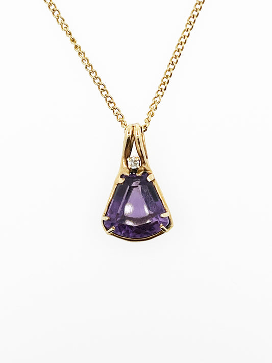 Amethyst And Diamond Pendant With Chain in 14k Gold