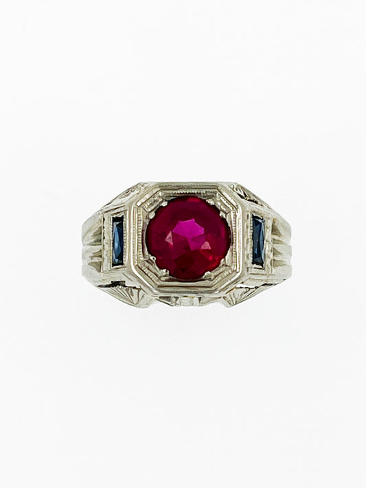 GIA Certified Art Deco Era Ruby & Sapphire Statement Ring in 18k White Gold