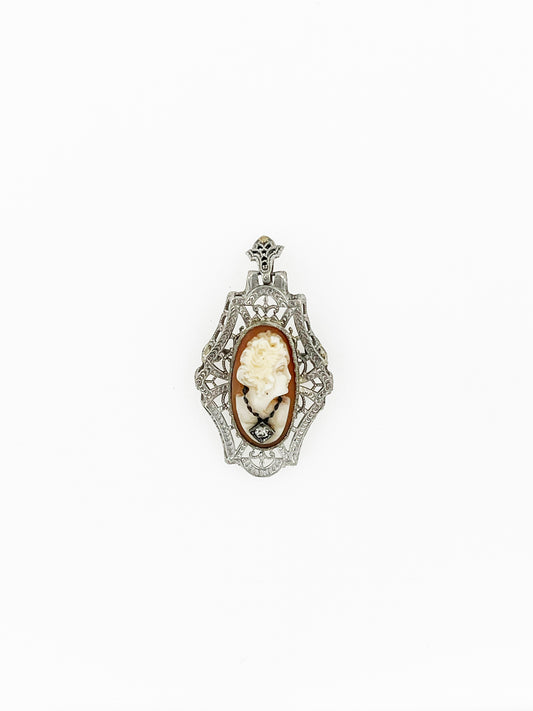 Art Deco Era Filigree Coral Cameo Pendant Pin in 14k White Gold