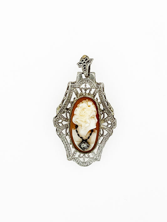 Art Deco Era Filigree Coral Cameo Pendant Pin in 14k White Gold