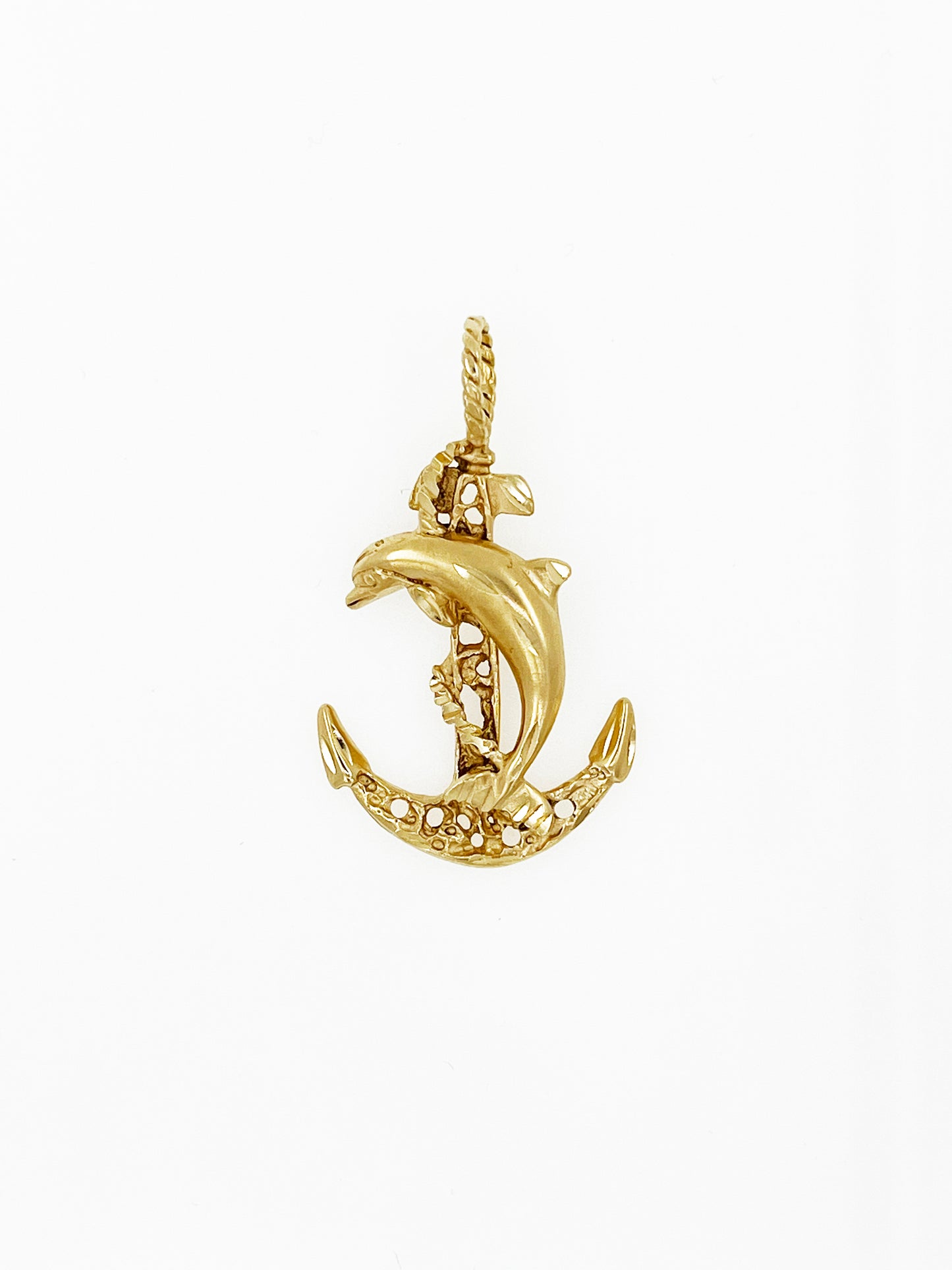 Vintage Nautical Anchor & Dolphin Pendant in 14k Yellow Gold