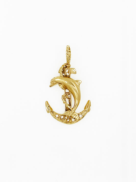 Vintage Nautical Anchor & Dolphin Pendant in 14k Yellow Gold
