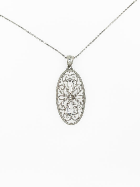 Filigree Pendant and 16” Chain in 14k White Gold