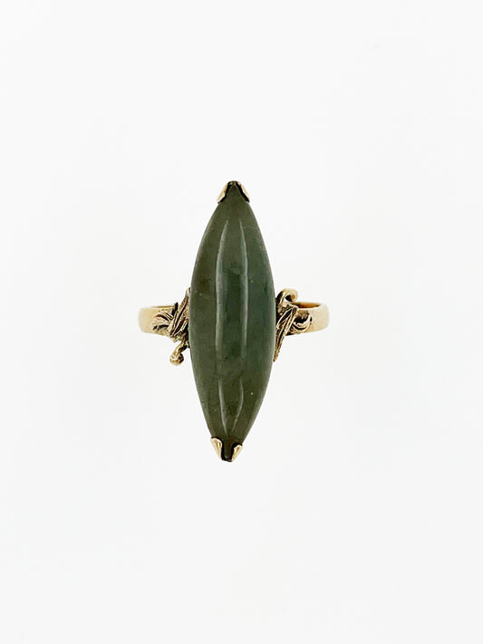 Antique Marquise Cabochon Jade Ring in 14k Yellow Gold