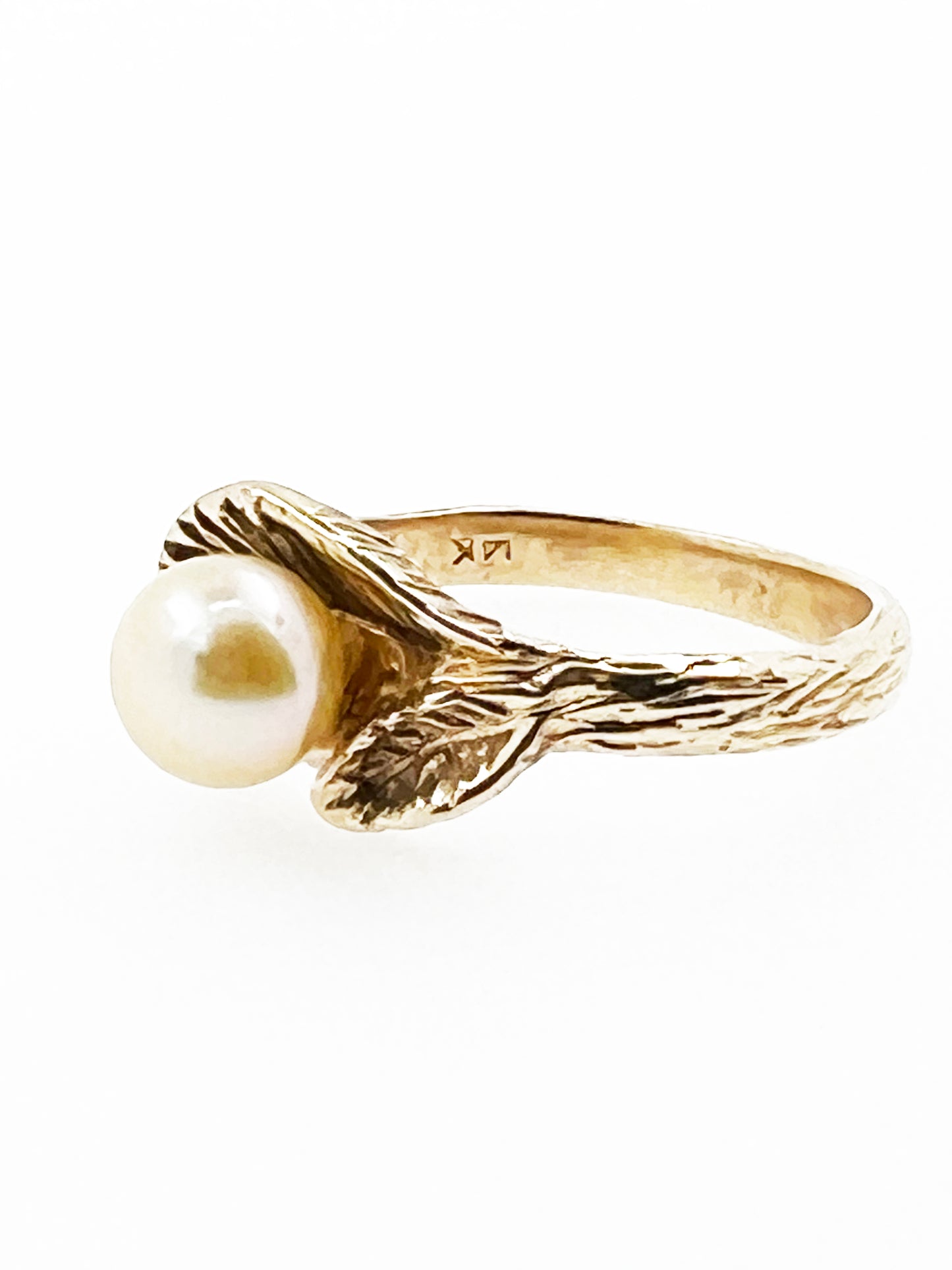 Antique Hand Carved Leafy Pearl Ring in 14k Yellow Gold