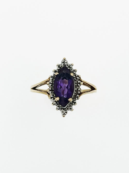 Royal Marquise Amethyst Diamond Chip Halo Ring In 10k Yellow Gold