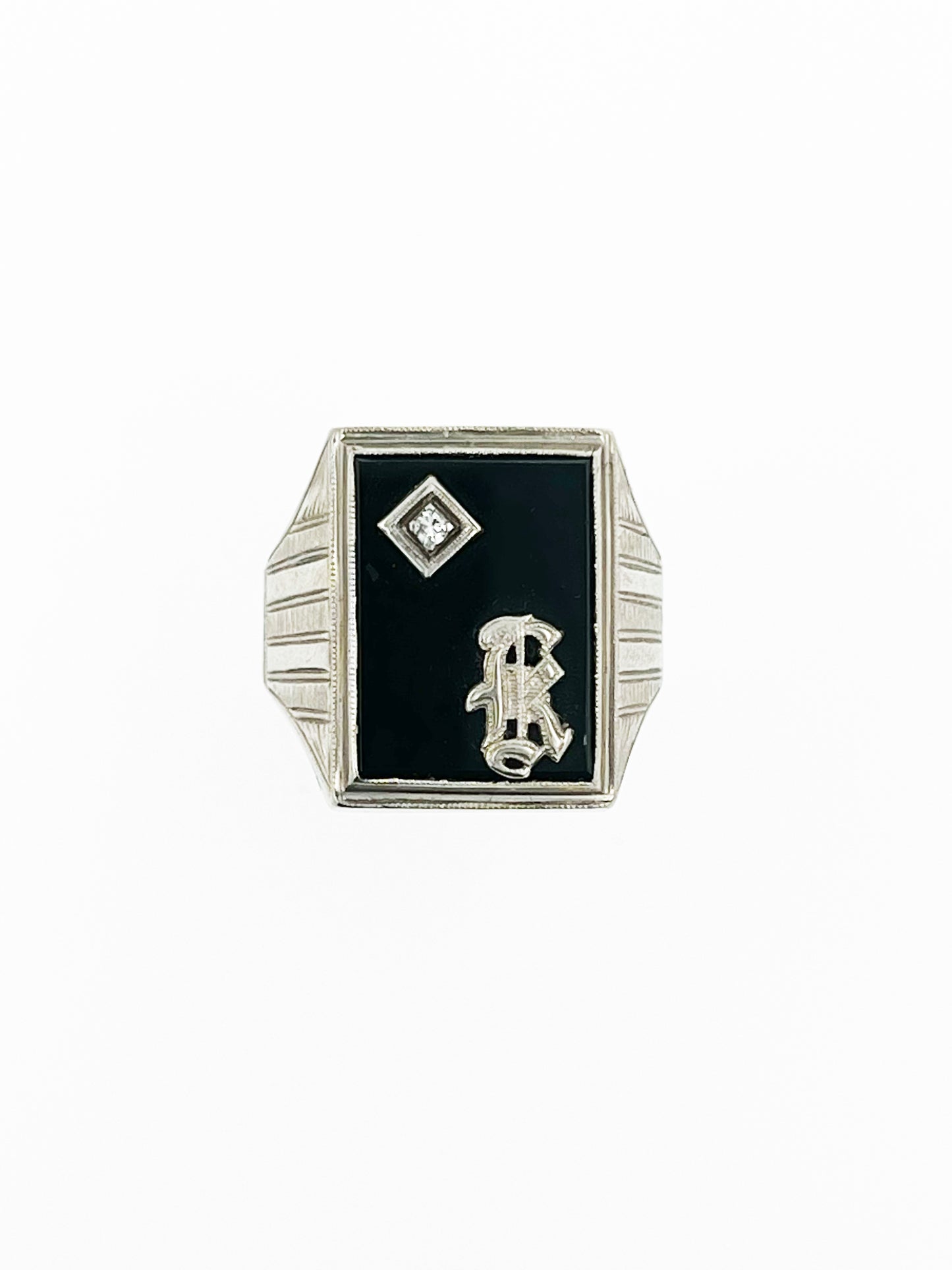 Onyx and Diamond Signet Ring in 10k White Gold