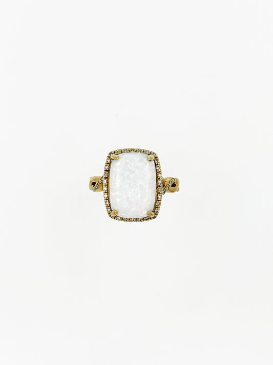 Rectangular Cabochon Opal and Diamond Ring in 14k Yellow Gold